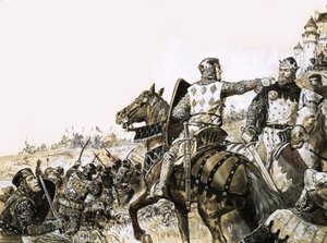 Escena de batalla no identificada con soldado apuntando al Rey