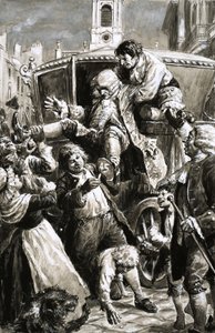 Escena no identificada (¿siglo XVII/XVIII) de un hombre al que bajan de un carruaje de C.L. Doughty