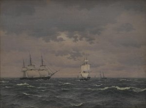 Una corbeta arriando velas en un viento fresco y otros barcos de Christoffer Wilhelm Eckersberg