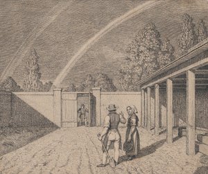 Una Pareja Conversando en un Patio de Establo, con un Doble Arcoíris sobre ellos, de 