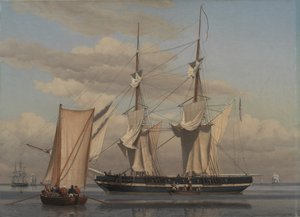 Un bergantín naval estadounidense anclado mientras sus velas se secan de Christoffer Wilhelm Eckersberg