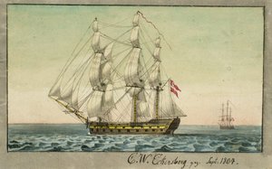 Un barco de guerra danés a vela, visto desde el lado de sotavento de Christoffer Wilhelm Eckersberg