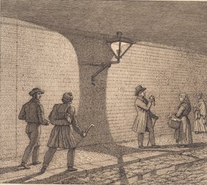 Escena callejera a la luz de una linterna. Ilustración para "Linearperspectiven", Tabla VIII de Christoffer Wilhelm Eckersberg