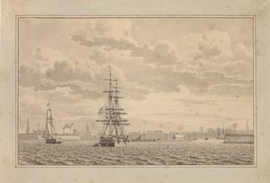 Copenhague vista desde el puerto exterior con un bergantín anclado y un balandro navegando de Christoffer Wilhelm Eckersberg