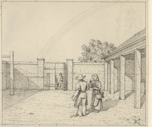 Perspectiva lineal aplicada a la pintura - Borrador de versión no utilizada de la Tabla V,2 - El arco iris sobre el patio. de Christoffer Wilhelm Eckersberg