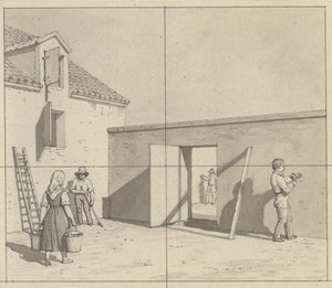 Perspectiva lineal aplicada al arte de la pintura - boceto para ilustración no utilizada - Patio danés con cuatro campesinos y artesanos