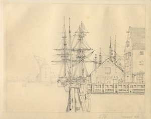 Parte de uno de los astilleros en Christianshavn, al fondo la grúa de mástiles de Christoffer Wilhelm Eckersberg