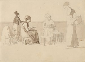 Escena de un Patio o Muelle en París. Cuatro Figuras Sentadas, de Pie y Caminando.