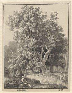 Paisaje forestal en Svendstrup con un par de figuras, al frente un hombre sentado con una pala de Christoffer Wilhelm Eckersberg