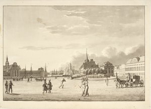 Plaza del castillo en Copenhague con la iglesia de Holmen, la Bolsa, el ahora desaparecido banco y el edificio de la cancillería ("El edificio rojo") de Christoffer Wilhelm Eckersberg