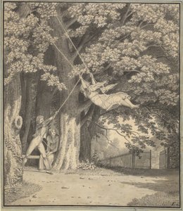 Los bosques de Skjoldnæsholm con un joven que balancea a una joven de Christoffer Wilhelm Eckersberg