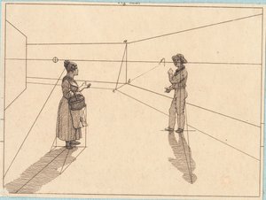 Dos figuras en una construcción geométrica. Ilustración para "Linearperspectiven", Tabla IV de Christoffer Wilhelm Eckersberg