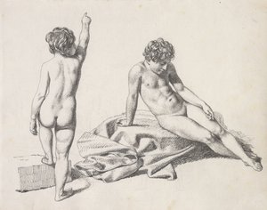 Dos niñas desnudas, una sentada vista de frente, la otra de pie vista desde atrás