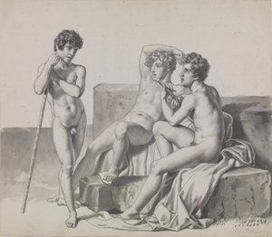 Tres jóvenes desnudos de pie o sentados entre bloques de piedra