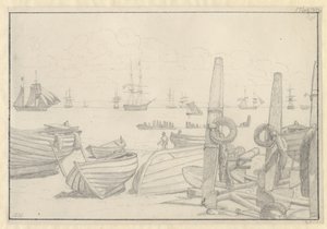 Vista desde la playa al sur de Helsingør hacia el barco de vigilancia, la fragata "Falster" de Christoffer Wilhelm Eckersberg