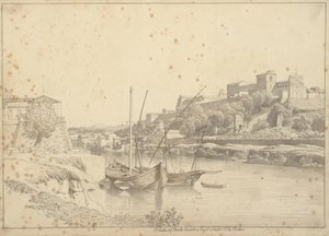Vista del Tíber en Porto di Ripa Grande fuera de Porta Portese hacia Marmorata y las iglesias en Monte Aventino, Roma de Christoffer Wilhelm Eckersberg