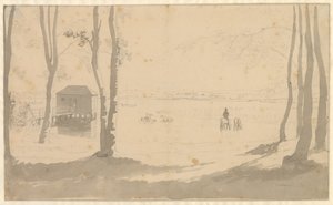 Vista sobre un lago, a la izquierda una casa de baños, en el centro jinetes que abrevando caballos, en primer plano árboles de Christoffer Wilhelm Eckersberg