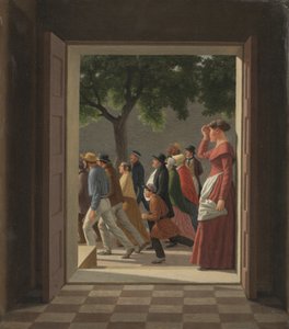 Vista a través de una puerta a figuras corriendo de Christoffer Wilhelm Eckersberg