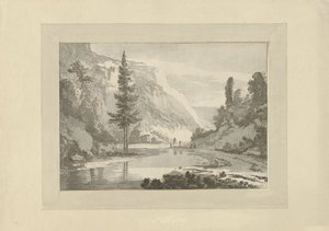 Paisaje de montaña con pastores en la orilla de un río de C. Brouwer