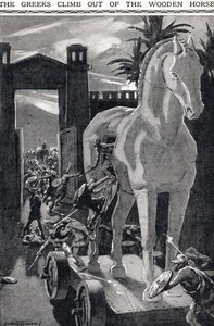 Los griegos se bajan del caballo de madera, ilustración de 