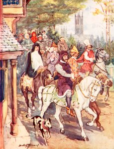 Chaucer cabalgando hacia Canterbury con los peregrinos (litografía en color) de C. Dudley Tennant