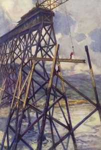 Colocación del acero del viaducto del río Battle del ferrocarril Grand Trunk Pacific, Canadá (litografía en color) de C. Dudley Tennant