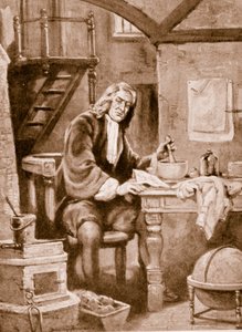 Sir Isaac Newton en su pequeña habitación (litografía)