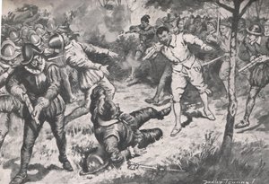 El Almirante, seguido de su grupo, corrió de cabeza hacia la Guardia de la Vera Cruz, ilustración de 