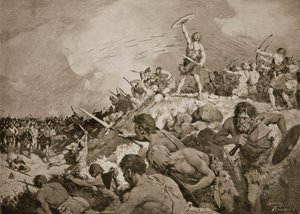 La batalla de Mons Badonicus, hacia 500 d.C., ilustración de "La Historia de la Nación" (litografía) de C. Dudley Tennant