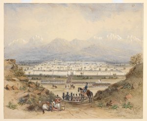 Un general que revisa la caballería y la infantería, que está a punto de entrar en una ciudad amurallada en un país montañoso, quizás Kandahar (N.W.F.P.). 1843, después de un boceto anterior. de C. Graham