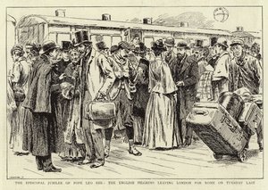 El jubileo episcopal del Papa León XIII, los peregrinos ingleses saliendo de Londres hacia Roma el martes pasado de C. Hentschell