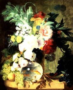 Naturaleza muerta con flores y pecera