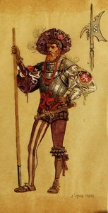 Un cortesano armado, diseño de vestuario para Como gustéis, producido por R.Courtneidge en el Teatro Princes, Manchester de C. Wilhelm