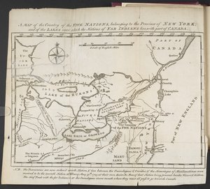 Un Mapa del País de las Cinco Naciones, perteneciente a la Provincia de Nueva York; y de los lagos cerca de los cuales viven las naciones de las Indias Lejanas, con parte de Canadá de Cadwallader Colden