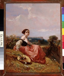 Joven con sombrero delante de la Sainte Mountain Victoire Pintura de Camille Roqueplan (1803-1855) Dim. 18x23 cm Mención obligatoria: Colección Fundación Saludos de Provenza, Marsella