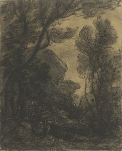 Escena de bosque de noche de Camille Corot