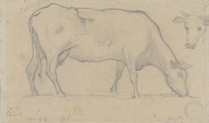 Vaca pastando, arriba a la derecha la cabeza de otra vaca de Camille Corot