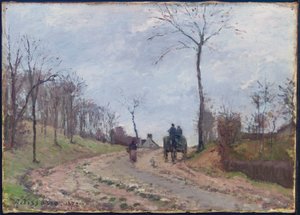 Carruaje en un camino rural, invierno, afueras de Louveciennes, 1872 de Camille Jacob Pissarro