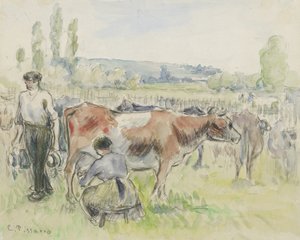 Estudio composicional de una escena de ordeño en Eragny-sur-Epte, 1884 de Camille Jacob Pissarro