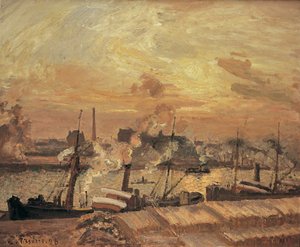 Descarga de madera, muelle de la Bolsa, puesta de sol, 1898 de Camille Jacob Pissarro