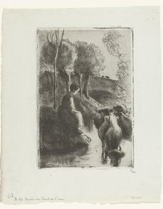 Pastora con vacas junto al agua Vachere au bord de l