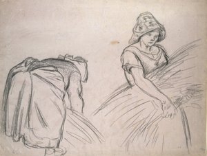 Estudio de dos cosechadoras femeninas, 1882 (tiza negra sobre papel rosa con blanco) de Camille Jacob Pissarro