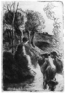 Vachere au Bord de Leau, Pastor junto al agua, c. 1850-1900, 1924 de Camille Jacob Pissarro
