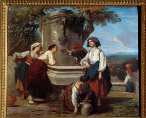 Ossaloises en la fuente. Agricultores del valle de Ossau se reúnen para conversar en la fuente. Pintura de Camille Roqueplan (1803-1855)