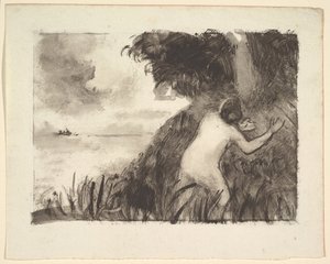 Bañista de pie entre hierbas en la orilla, ca. 1894