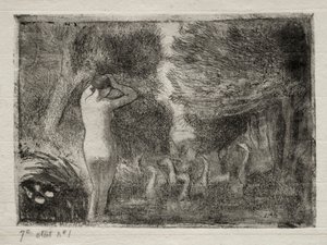 Bañistas y gansos de Camille Pissarro