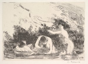 Bañistas a la sombra de bancos arbolados de Camille Jacob Pissarro