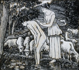 Chloë lavando a Daphnis en un arroyo, estudio composicional para una ilustración, c. 1895 de Camille Pissarro