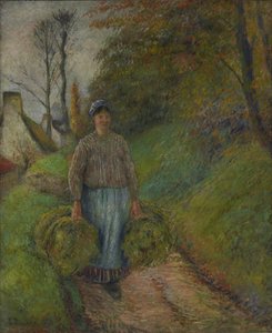 Campesina con dos fardos de heno