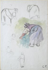 Hoja de estudios: cuatro estudios de una campesina inclinada y dos estudios de una mujer sosteniendo una base de Camille Pissarro